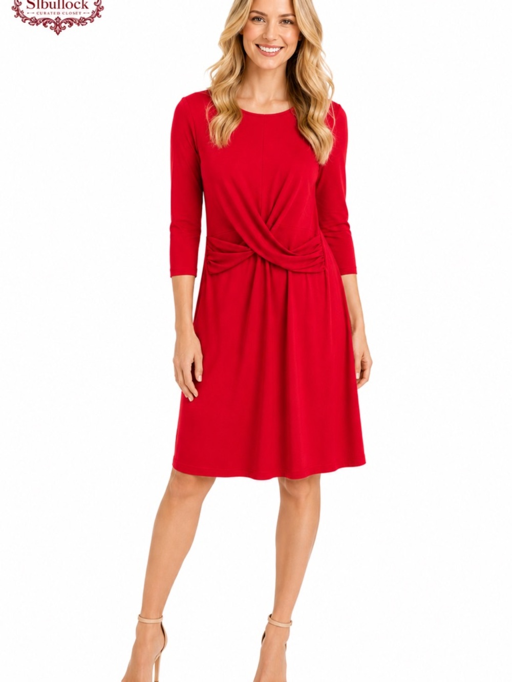 D12 GIBSON SzLarge Red Knit Dress Twist Front 3/4 Sleeve Stretch 37” long EUC
